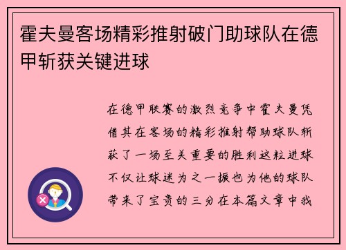 霍夫曼客场精彩推射破门助球队在德甲斩获关键进球