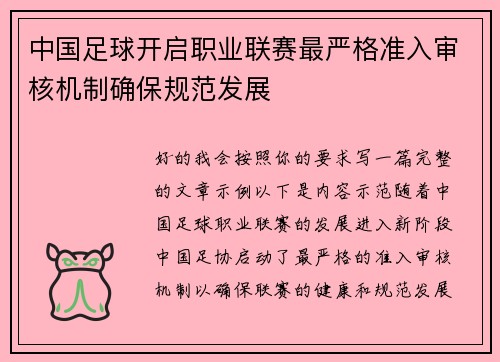 中国足球开启职业联赛最严格准入审核机制确保规范发展 中国足球开启职业联赛最严格准入审核机制确保规范发展