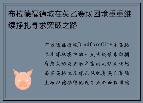 布拉德福德城在英乙赛场困境重重继续挣扎寻求突破之路